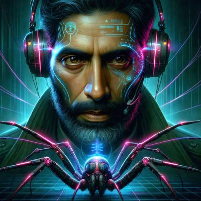 The primary subject of the image is a man with a futuristic, cyberpunk appearance. He is wearing headphones and has a spider-like design on his face. The setting is a futuristic environment, possibly a nightclub or a similar venue. The visual style is a digital art or illustration, with a combination of colors and patterns that create a dark and mysterious atmosphere.
